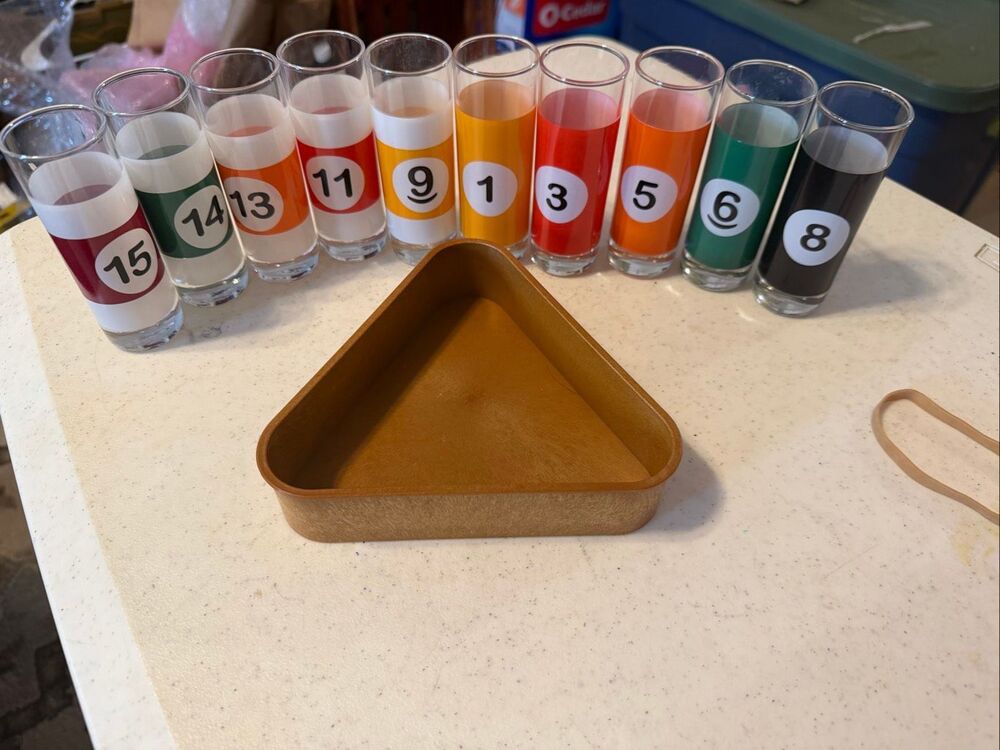 Set of 10 Numbered Billiard Pool Ball Shot Glasses with Plastic Triangle Rack